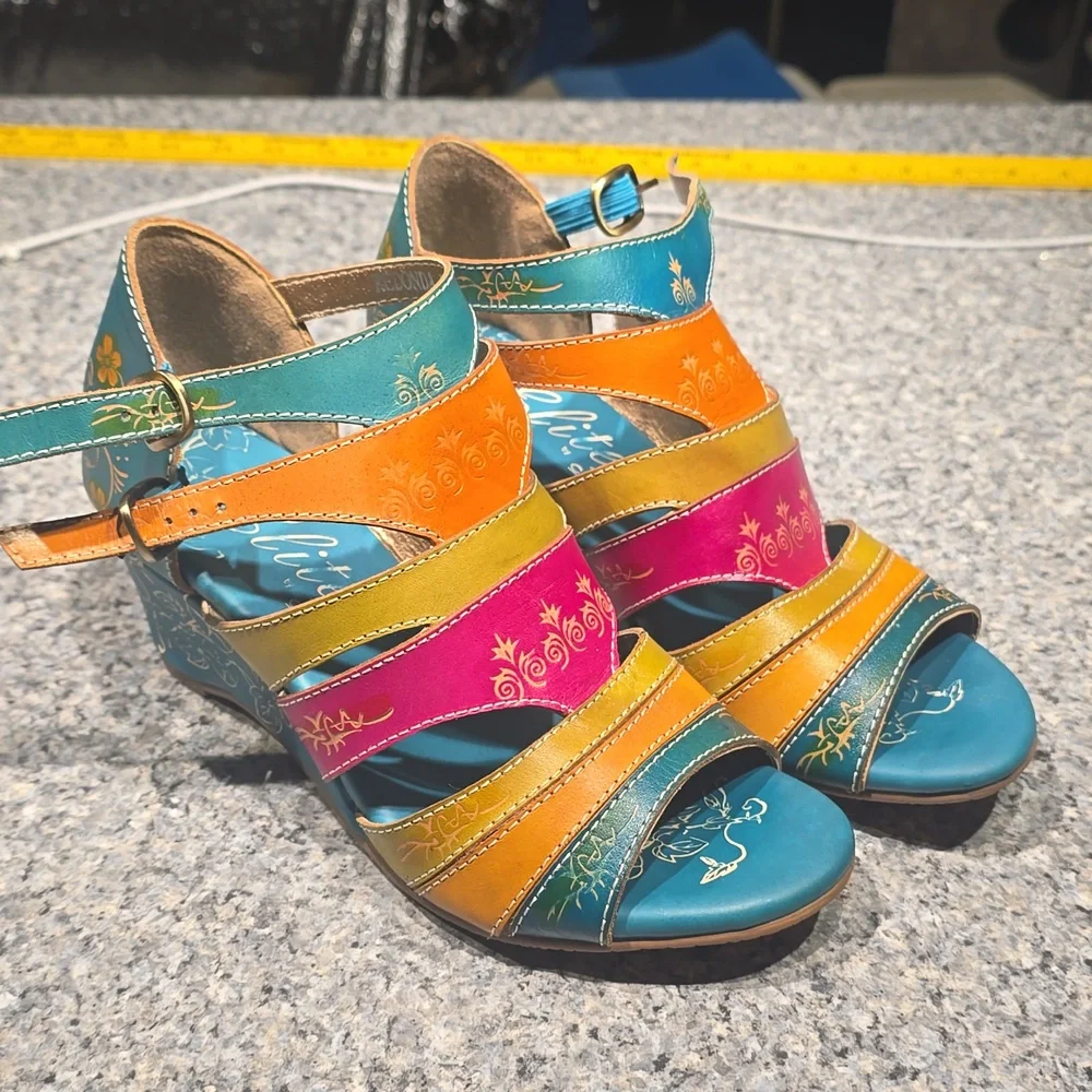 Elite by Corkys strappy leather sandals,  Multicolor, 2.5 wedge. Size 7